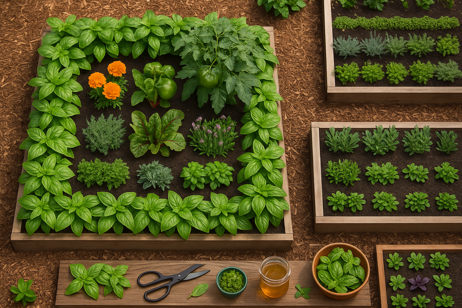 Under the heading Creative Raised Bed Layout Examples for Basil