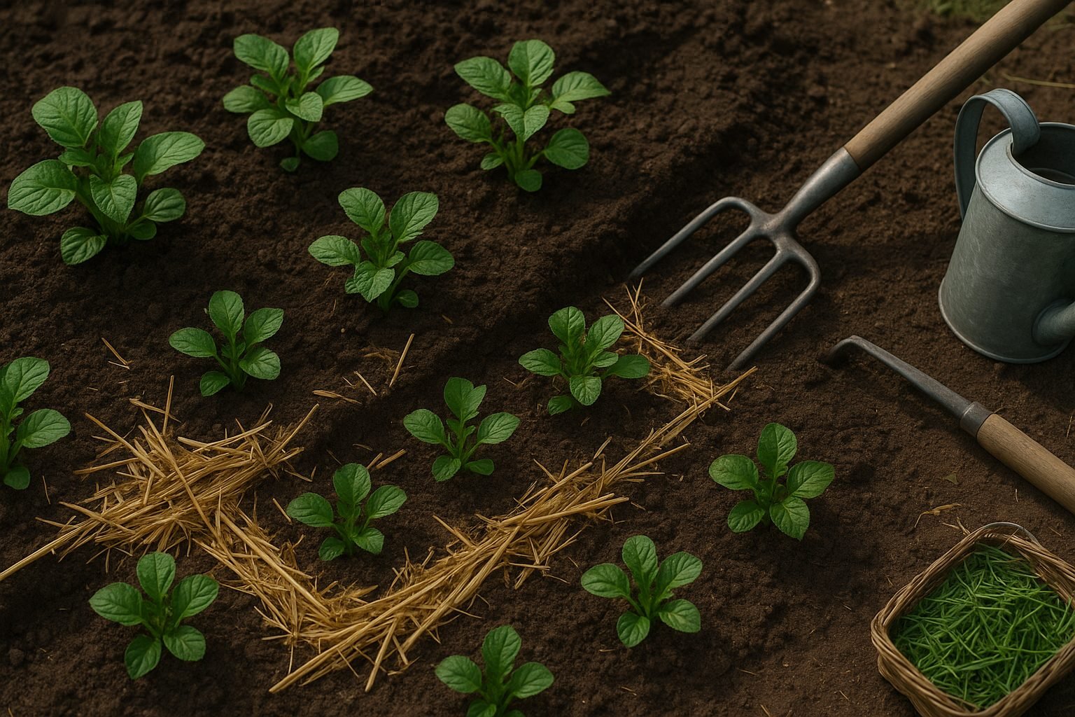 Applying Mulch and Caring for Potato Plants