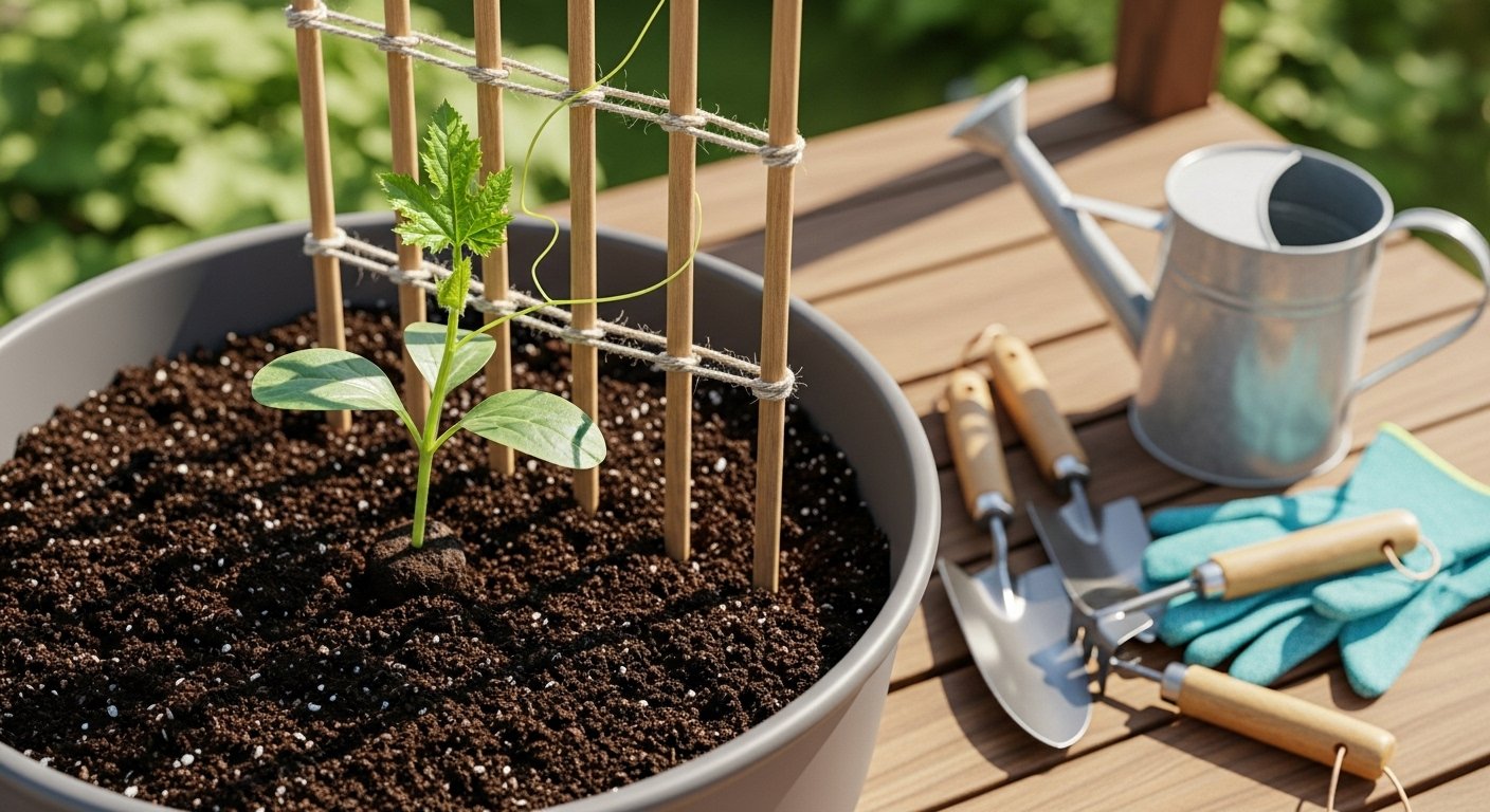 Planting Supporting Climbing Zucchini